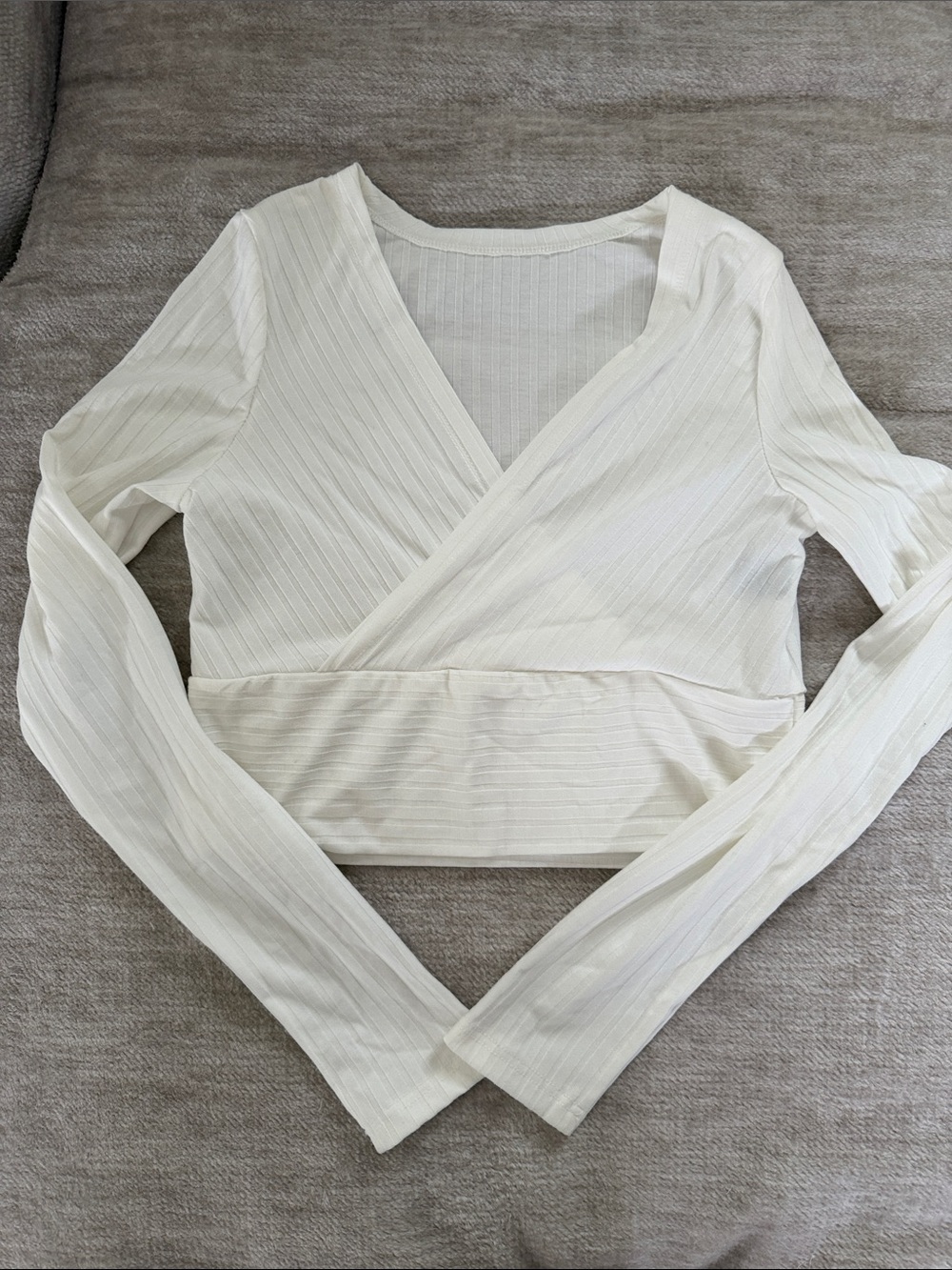 SHEIN Cream Ribbed Surplice Long-Sleeve Top